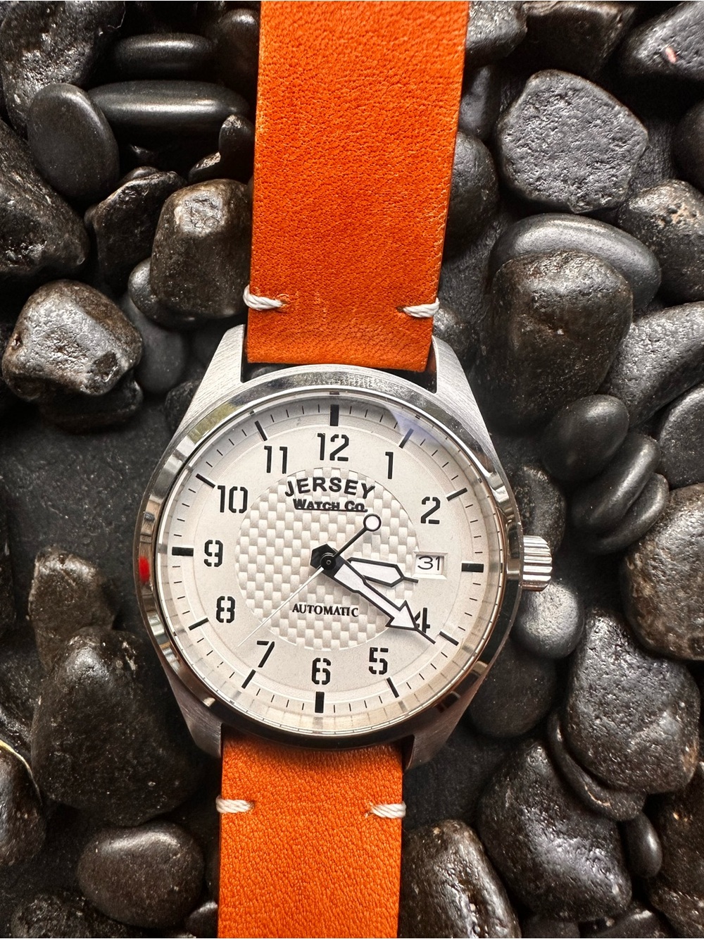 Seiko Mod NH35 Men's White Dial Watch with Orange Leather Strap